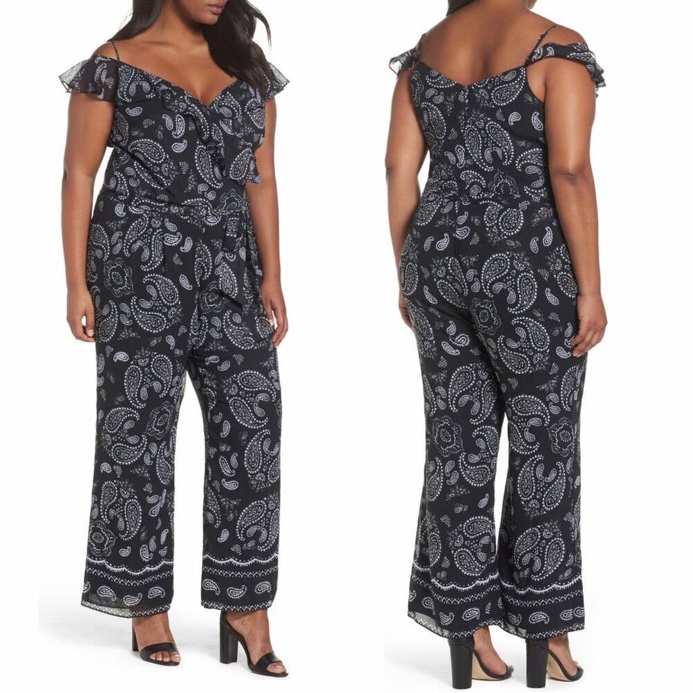 Tahari Black Jumpsuit Gray Paisley Print Boho Wide Leg Trouser Size 10